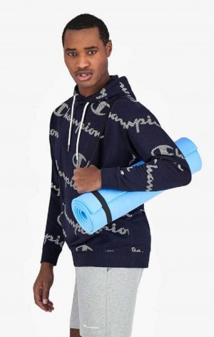 Champion All-Over Randig Effect Script Logo Print Hoodie Hoodie Herr Mörkblå | 8216-VCXWD