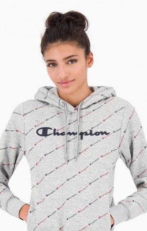 Champion All-Over Script Logo Hoodie Hoodie Dam Ljusgrå | 5034-JRHYS