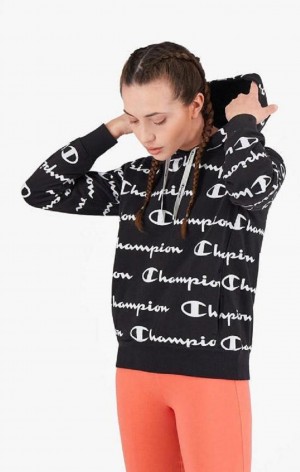 Champion All-Over Script Logo Hoodie Hoodie Dam Svarta | 3194-ZFHJE