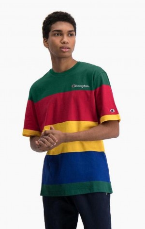 Champion Colour Block Stripe T-Shirt T-shirt Herr Gröna Röda Gula | 0562-KFQYO