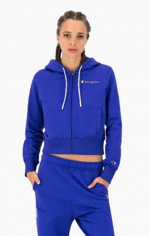 Champion Cropped Zip-Up Hooded Sweatshirt Hoodie Dam Blå | 1086-MAQRH