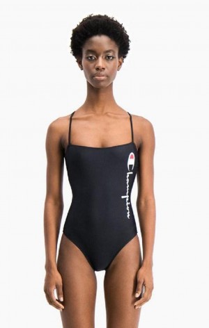 Champion Cross Back Large Script Logo Swimsuit Badkläder Dam Svarta | 5241-BKWLM