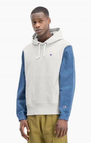 Champion Denim Sleeve Reverse Weave Hoodie Hoodie Herr Ljusgrå | 7365-SQHET