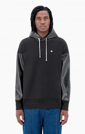 Champion Faux Läder Panel Reverse Weave Hoodie Hoodie Herr Svarta | 7516-AZHVD