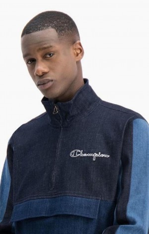 Champion Half Zip-Up Denim Patchwork Sweatshirt Tröjor Herr Turkos Blå | 7641-DUXKB