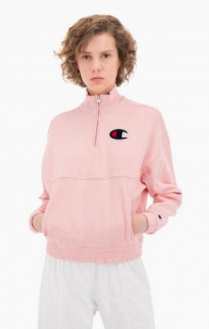 Champion Half Zip-Up Fleece Velvet C Sweatshirt Tröjor Dam Rosa | 6913-GLQYO