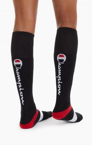 Champion Knee-High Script Logo Tube Socks Strumpor Dam Svarta | 0896-DXFJW