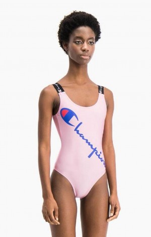 Champion Logo Straps Diagonal Script Logo Swimsuit Badkläder Dam Rosa | 2189-WGCHU