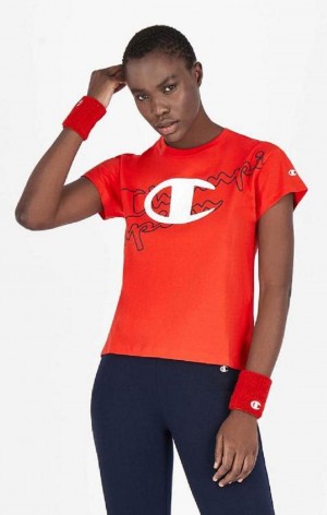 Champion Multi Logo Cropped T-Shirt T-shirt Dam Röda | 4972-BAHKP