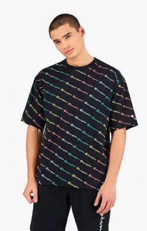 Champion Pastel All-Over Script Logo Print T-Shirt T-shirt Herr Svarta | 6290-KJUZN