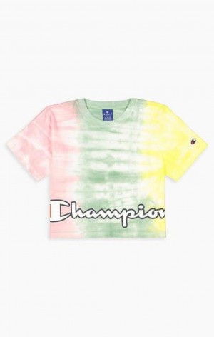 Champion Pastel Tie Dye Cropped Script Logo T-Shirt T-shirt Dam Rosa Gröna | 7918-KJMFA