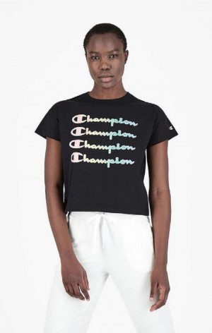 Champion Rainbow Script Logo Print T-Shirt T-shirt Dam Svarta | 2617-EONJT