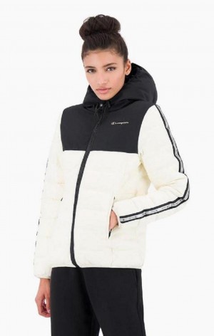 Champion Reflective Logo Vadderad Hooded Jacket Jackor Dam Vita Svarta | 9681-GFQRN