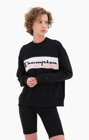 Champion Rib Insert Script Logo Bomull Terry Sweatshirt Tröjor Dam Svarta | 8679-AGMKL