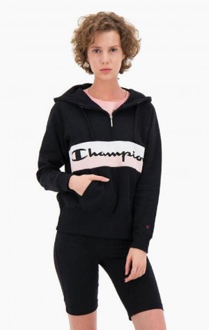 Champion Rib Insert Script Logo Half Zip-Up Hoodie Hoodie Dam Svarta | 2436-DRBQX