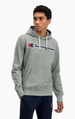 Champion Satin Script Logo Bomull Terry Hoodie Hoodie Herr Mörkgrå | 6180-CDPFG