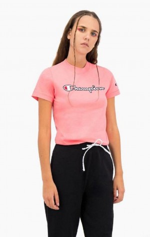 Champion Satin Stitch Script Logo T-Shirt T-shirt Dam Rosa | 9374-EAISB