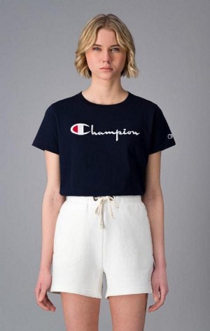 Champion Script Logo Crew Neck T-Shirt T-shirt Dam Mörkblå | 2180-ZQJTK