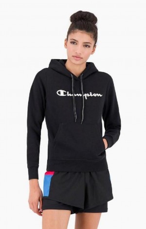 Champion Script Logo Fleece Hoodie Hoodie Dam Svarta | 1325-QUFER