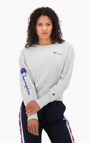 Champion Script Logo High Rib Reverse Weave Sweatshirt Tröjor Dam Ljusgrå | 6193-NBAVD