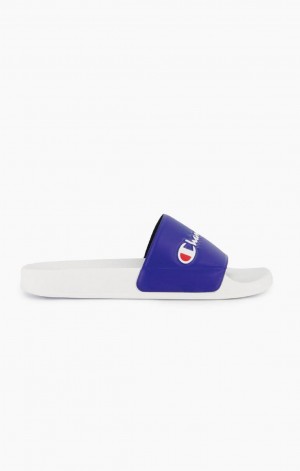 Champion Script Logo Pool Slides Badtofflor Herr Vita Blå | 6092-VNYCP