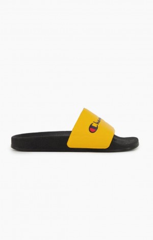 Champion Script Logo Pool Slides Badtofflor Herr Gula Svarta | 5730-ZMQBD