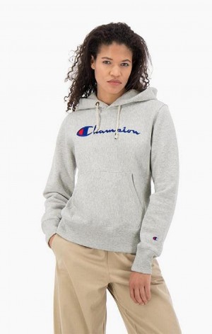 Champion Script Logo Reverse Weave Hoodie Hoodie Dam Mörkgrå | 7901-TMXRN