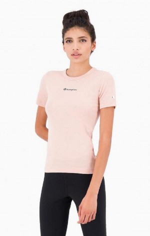 Champion Script Logo Räfflad Bomull T-Shirt T-shirt Dam Rosa | 3029-JDPVG