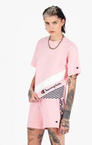 Champion Stripe Detail Script Logo T-Shirt T-shirt Dam Rosa | 7631-GYEOF