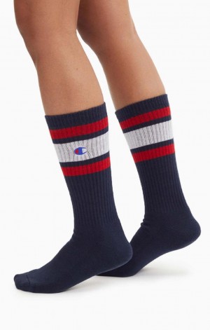 Champion Stripe Räfflad Crew Socks Strumpor Dam Mörkblå | 9274-URXPJ