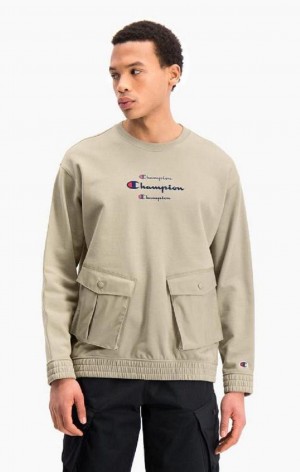 Champion Triple Script Logo Cargo Pocket Sweatshirt Tröjor Herr Beige | 1539-PLXKF