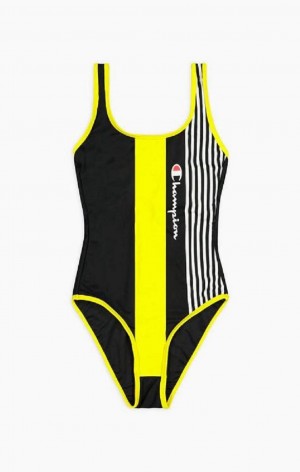 Champion Tryck Stripe Logo Scoop Back Swimsuit Badkläder Dam Svarta | 9012-ZSHGT