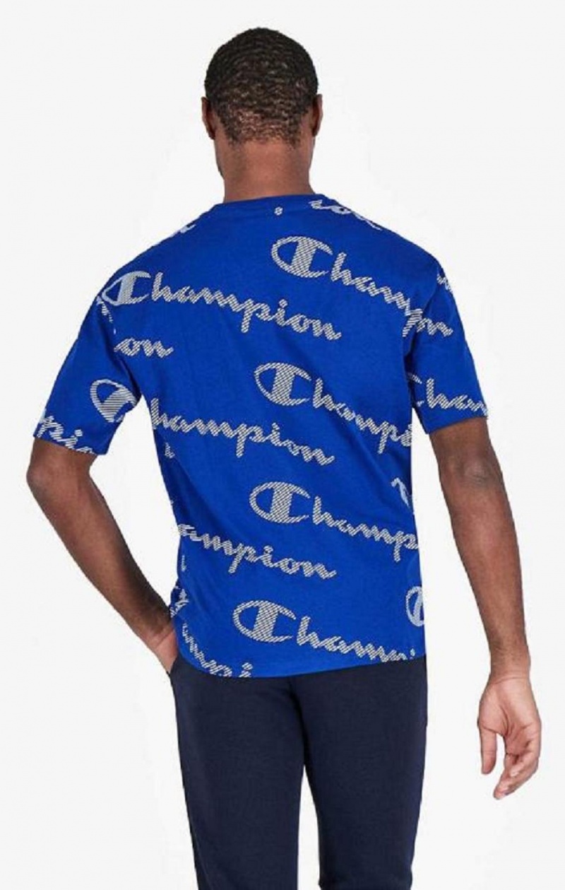 Champion All-Over Randig Effect Script Logo T-Shirt T-shirt Herr Blå | 0825-EJMHB