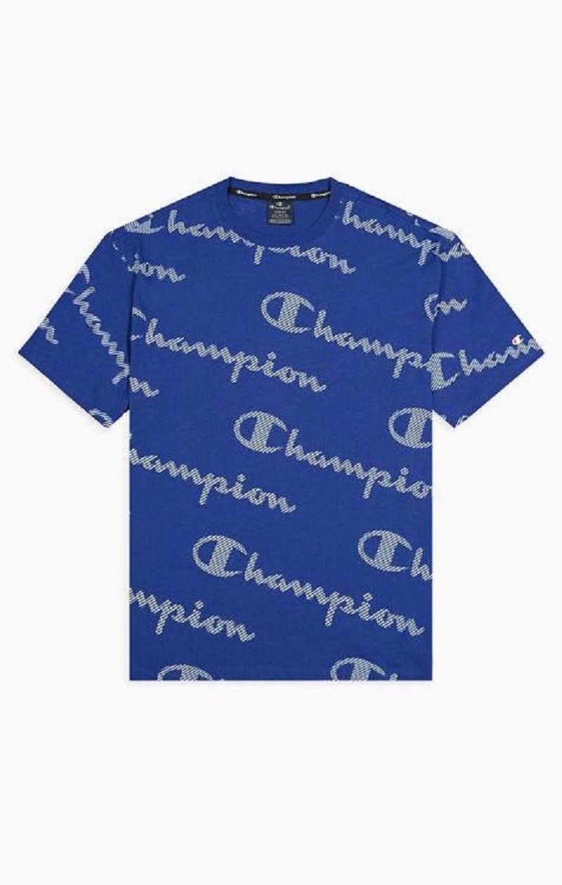 Champion All-Over Randig Effect Script Logo T-Shirt T-shirt Herr Blå | 0825-EJMHB