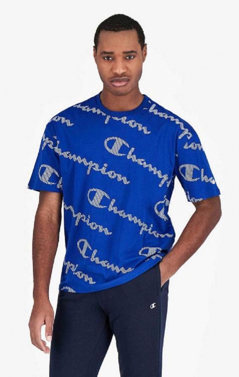 Champion All-Over Randig Effect Script Logo T-Shirt T-shirt Herr Blå | 0825-EJMHB