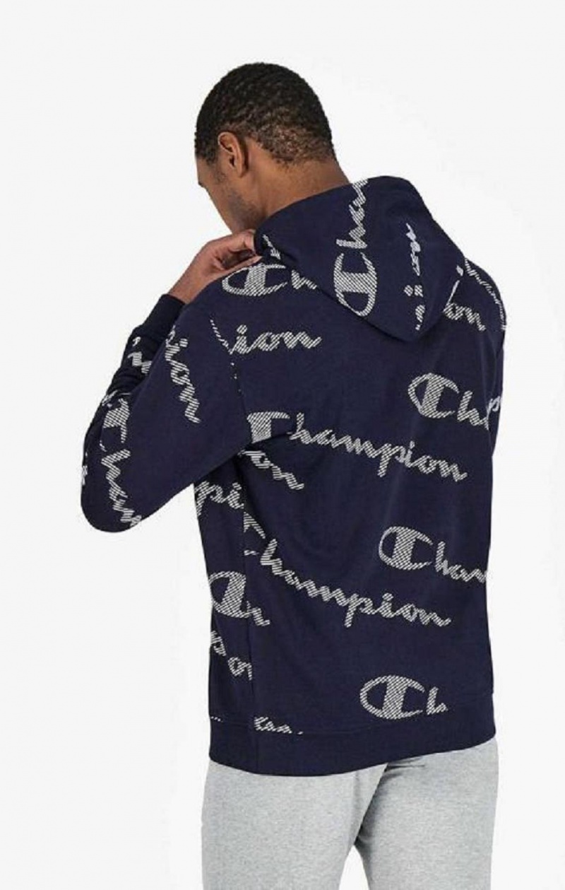 Champion All-Over Randig Effect Script Logo Print Hoodie Hoodie Herr Mörkblå | 8216-VCXWD