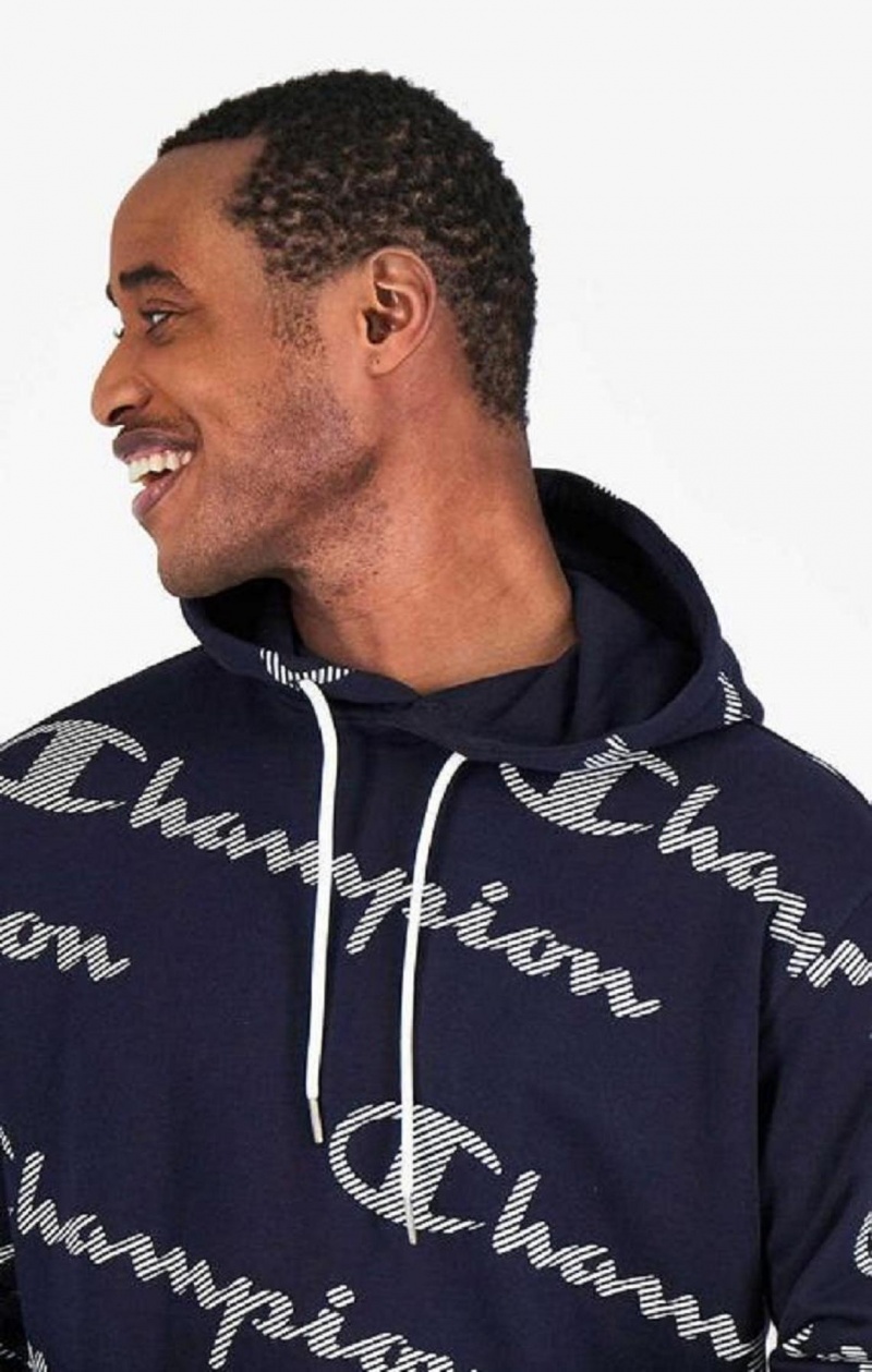 Champion All-Over Randig Effect Script Logo Print Hoodie Hoodie Herr Mörkblå | 8216-VCXWD