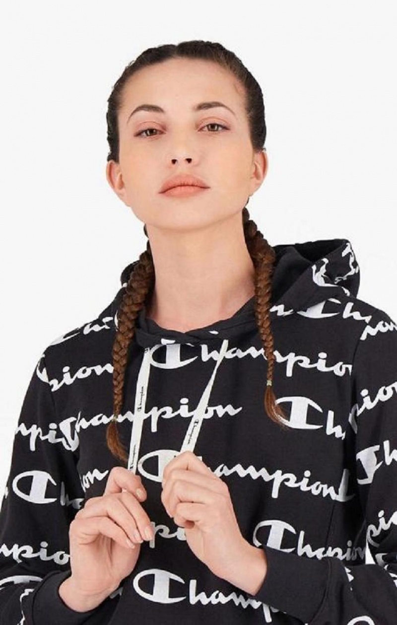 Champion All-Over Script Logo Hoodie Hoodie Dam Svarta | 3194-ZFHJE