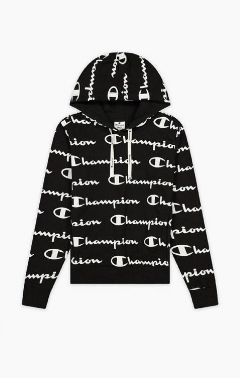 Champion All-Over Script Logo Hoodie Hoodie Dam Svarta | 3194-ZFHJE