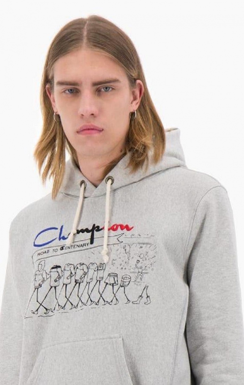 Champion Archive Centenary Print Reverse Weave Hoodie Hoodie Herr Ljusgrå | 7830-GRKTW