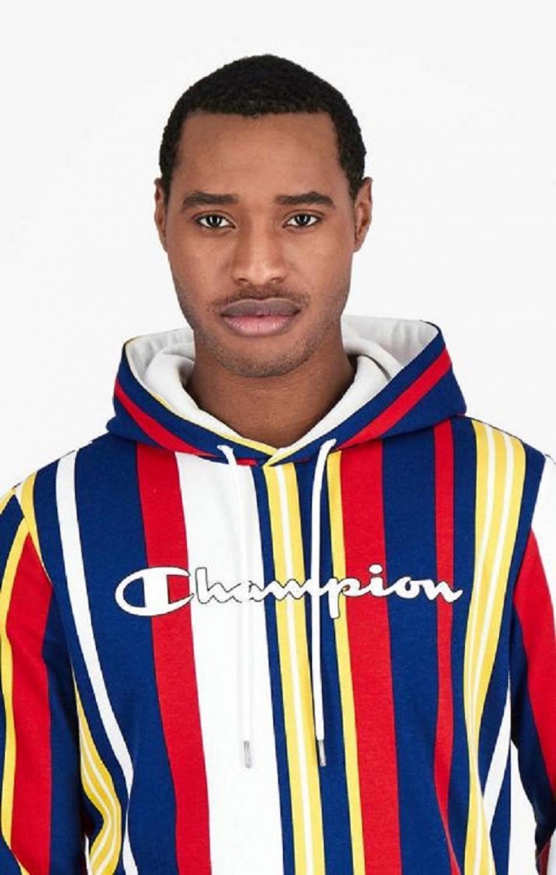 Champion Candy Stripe Script Logo Hoodie Hoodie Herr Vita Röda Blå | 9754-XJFGV