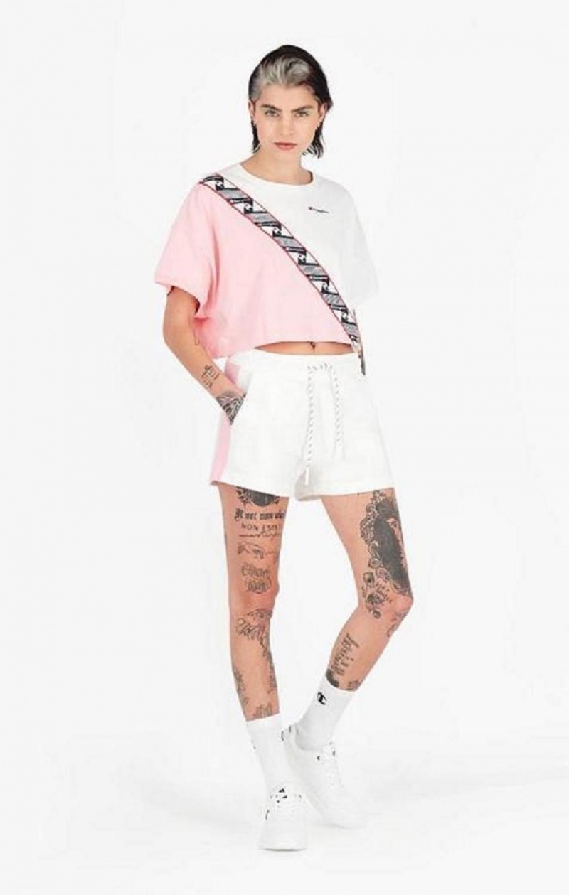 Champion Colour Block Jacquard Logo Tape T-Shirt T-shirt Dam Rosa Vita | 3257-KNOLI