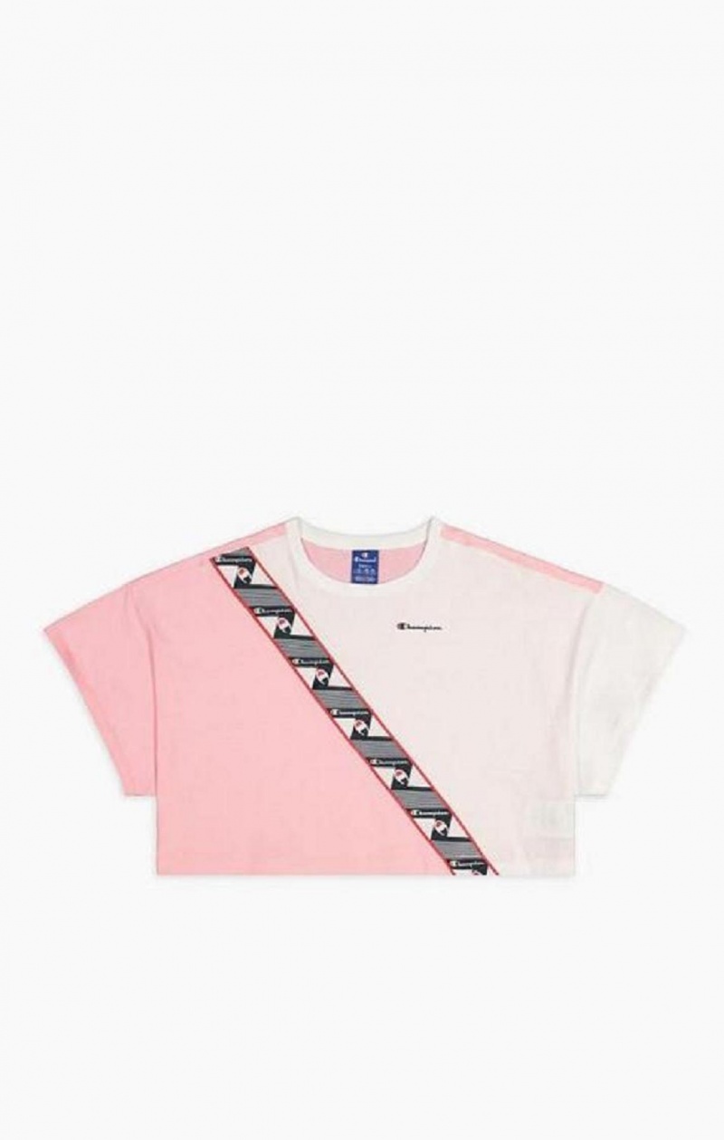 Champion Colour Block Jacquard Logo Tape T-Shirt T-shirt Dam Rosa Vita | 3257-KNOLI