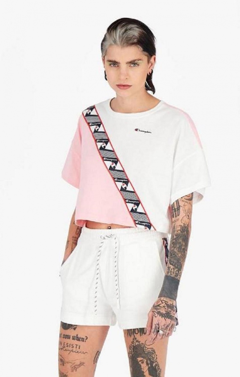 Champion Colour Block Jacquard Logo Tape T-Shirt T-shirt Dam Rosa Vita | 3257-KNOLI