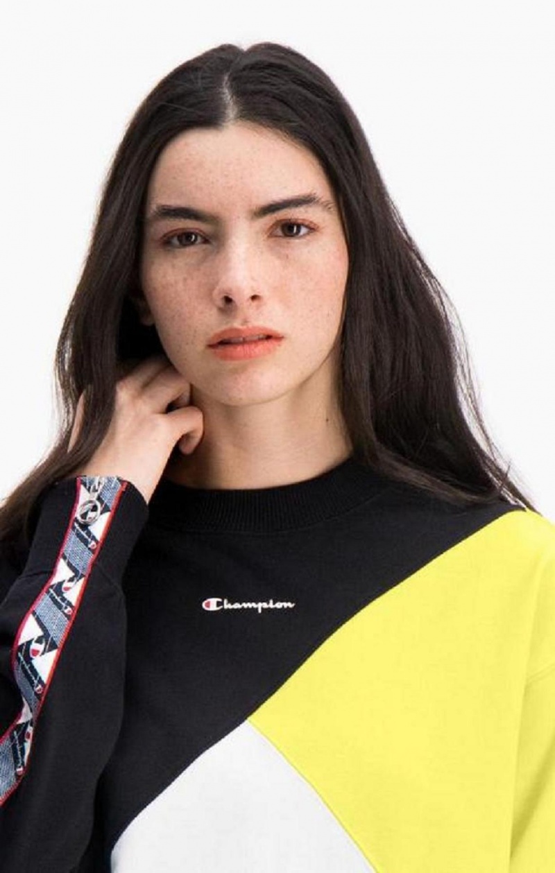 Champion Colour Block Logo Tape Sweatshirt Tröjor Dam Svarta Vita | 7493-NUQXP