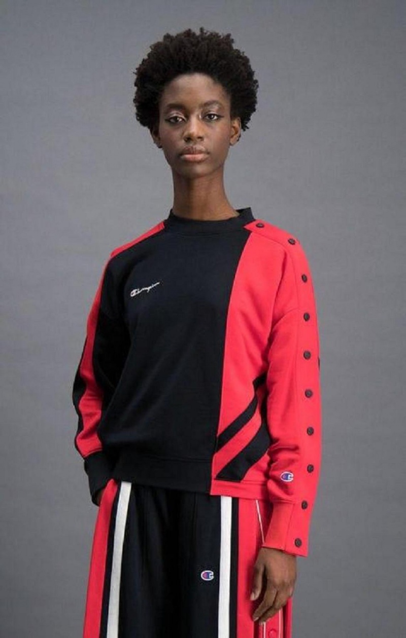 Champion Colour Block Popper Cropped Sweatshirt Tröjor Dam Svarta Röda | 3815-WRLIV