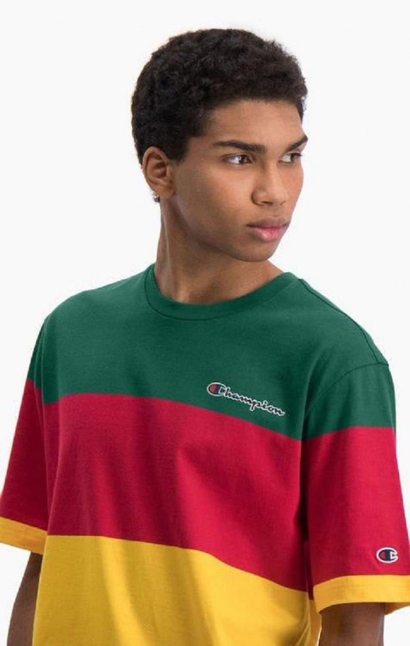 Champion Colour Block Stripe T-Shirt T-shirt Herr Gröna Röda Gula | 0562-KFQYO