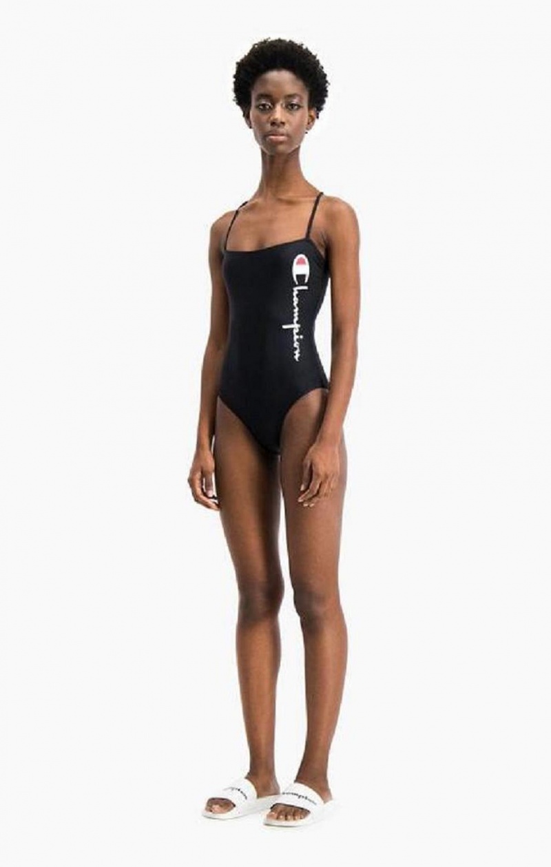 Champion Cross Back Large Script Logo Swimsuit Badkläder Dam Svarta | 5241-BKWLM