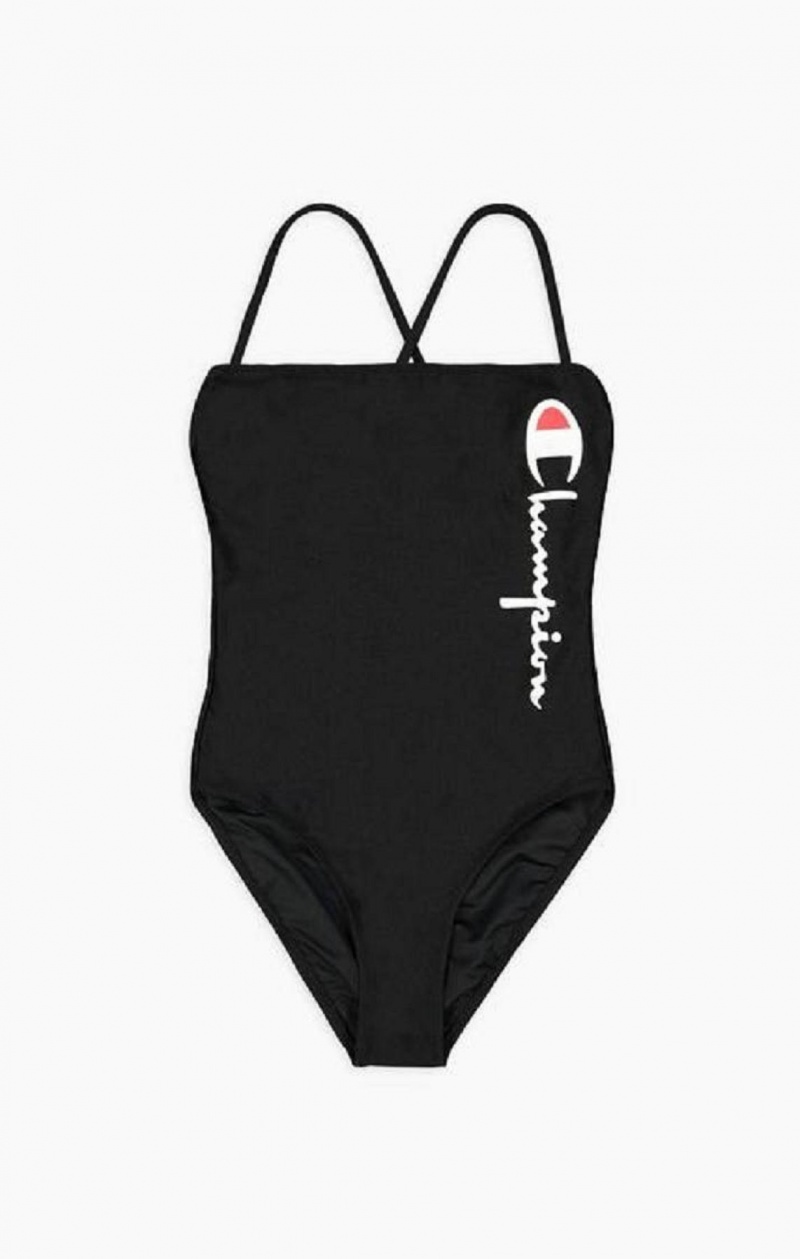 Champion Cross Back Large Script Logo Swimsuit Badkläder Dam Svarta | 5241-BKWLM