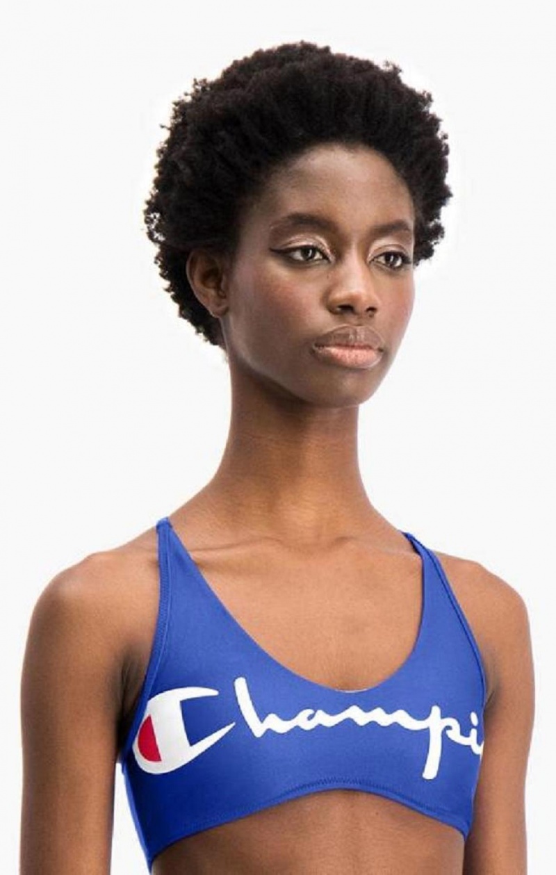 Champion Cross Back V Neck Script Logo Bikini Top Badkläder Dam Blå | 9461-GZFVW